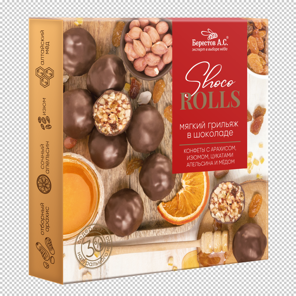  Берестов Shoco Rolls конфеты с арахисом, изюмом, цукатами апельсина и медом,  135г в Грозном