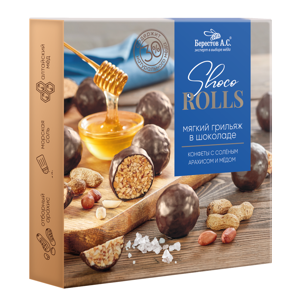  Берестов Shoco Rolls конфеты с арахисом, солью и медом, 135г   в Грозном