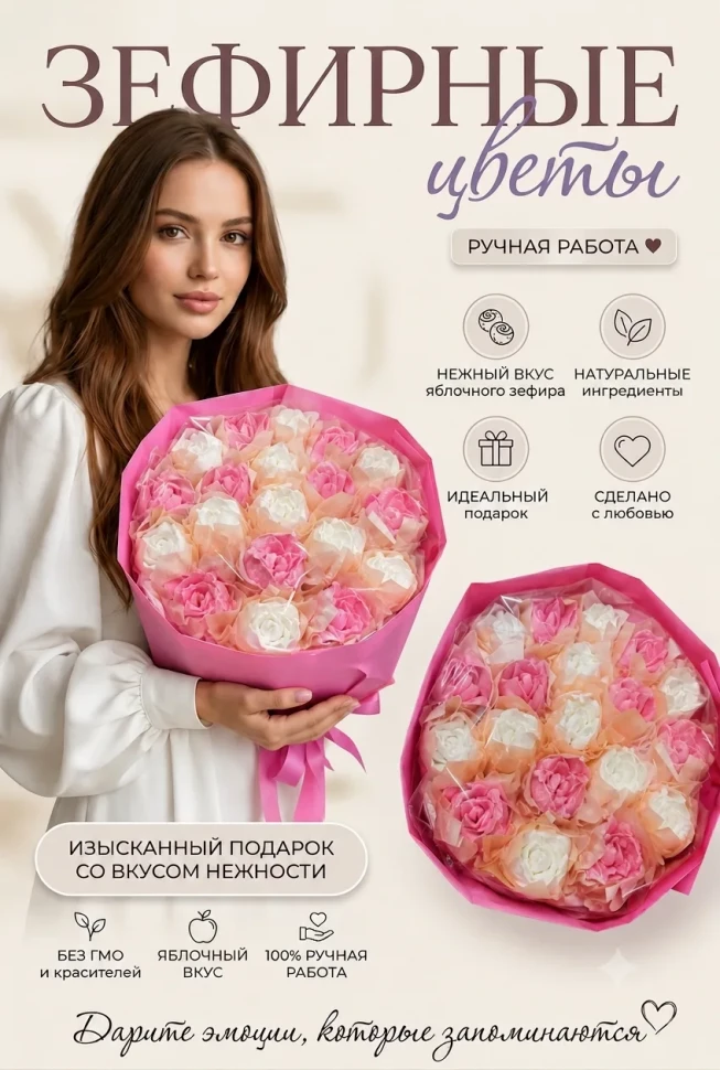  Букет Зефирный Размер XL бело-розовый,350г в Грозном